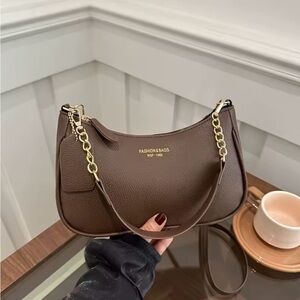 Brown Shoulder Hobo Bag with Gold Chain